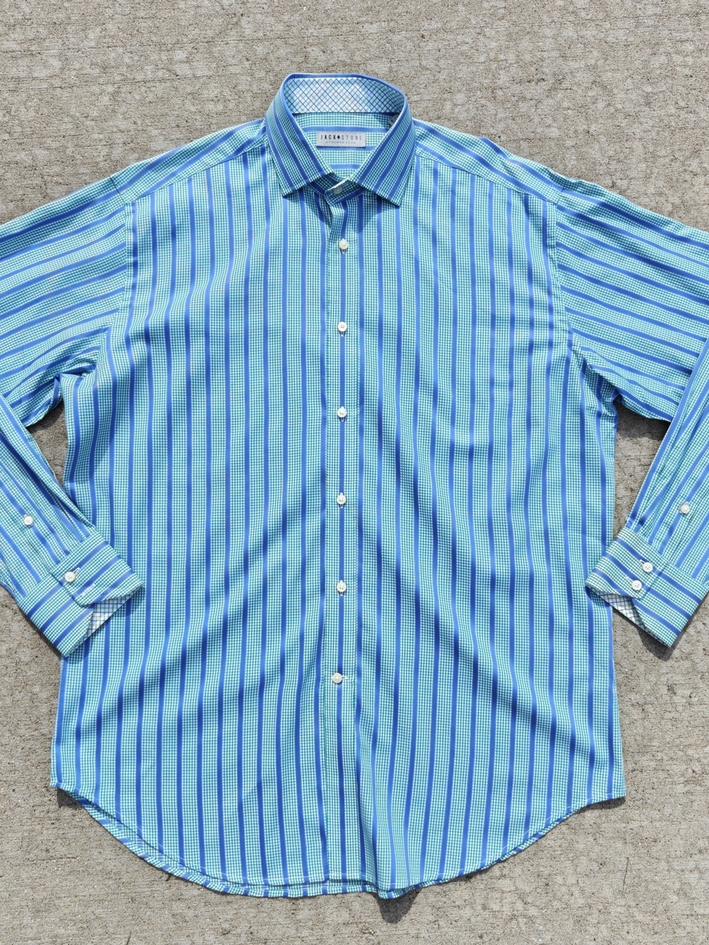 Jack Stone by Thomas Dean Mens Large Striped Dress Shirt L Blue Green Gingham
